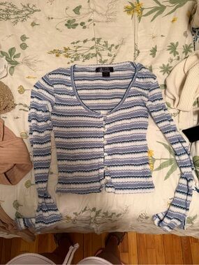 Striped Blue & White Button-Front Knit Cardigan Sweater